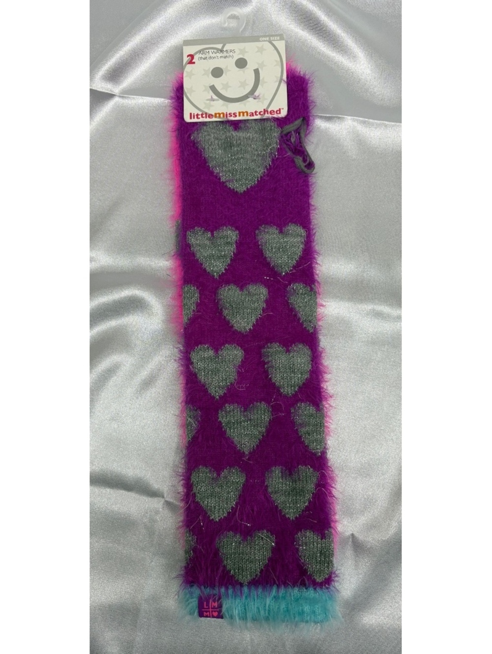 Little Miss Matched Fuzzy Heart Pattern Arm Warmers, Purple and Pink, One Size